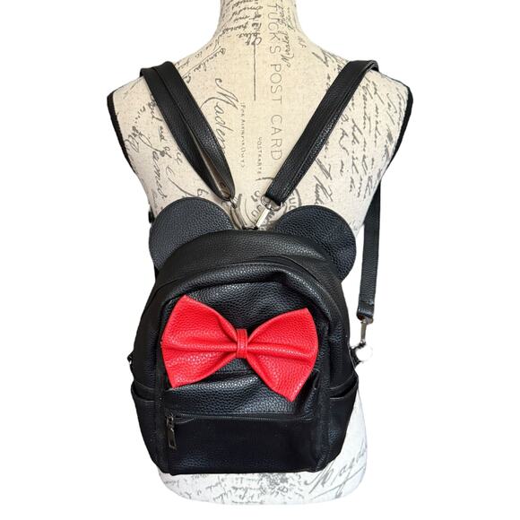 Black Faux Leather Mouse Ears Small Backpack - Picture 1 of 5